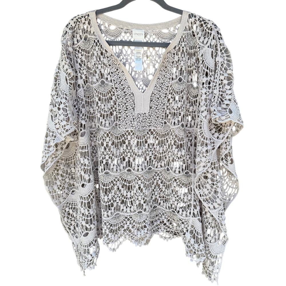 Chico's L/XL Crochet Lace Kaftan Top Tan Beaded Boho Festival Resort Wear